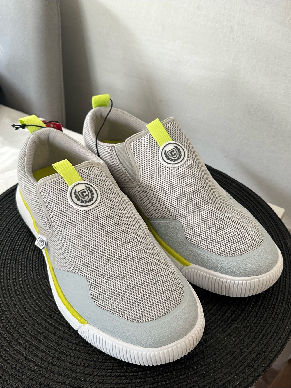 Chaps Light Gray Slip-On Mesh Sneakers with Neon Yellow Accents